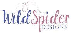 the wild spider designs logo is shown in pink, blue and purple ink on a white background