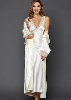 Allura Long Gown - Silk Nightgown with Lace | Julianna Rae Wedding Night Outfit Brides, Silk Nightwear Romantic, Wedding Night Outfit, Silk Long Gown, Classy Loungewear, Wedding Nightgown, Bridal Nightwear, Night Gown Dress, White Nightgown