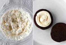 two pictures side by side one with cream and the other with cookies