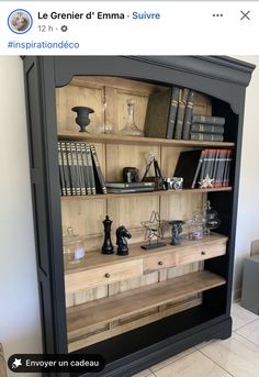 a book shelf with books on top of it