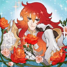 an anime character with red hair holding flowers