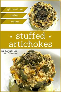 stuffed artichokes on a plate with text overlay