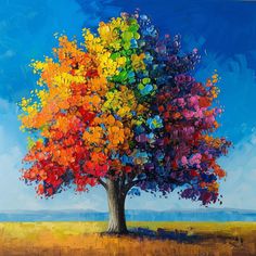 an oil painting of a colorful tree in the middle of a field with blue sky