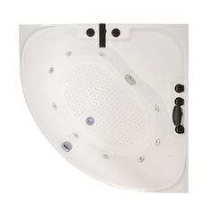 an overhead view of a white spa tub with black trimmings on the sides