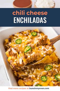 an enchiladas recipe in a white casserole dish