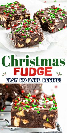 christmas fudge brownies with chocolate and candy sprinkles on the top