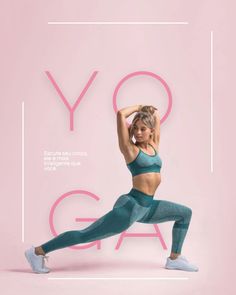 a woman doing yoga poses in front of a pink background with the words yo ga on it