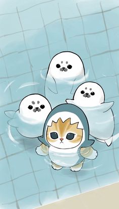 a cat is floating in the water surrounded by ghost like creatures, with their eyes closed