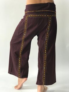 "Unisex Thai fisherman pants. One size fits all. You can wear in many occasions, casual wear, yoga wear, maternity wear, relax at home, travel etc. If you are looking for some pants that you can wear everywhere, comfortable, relax and Easy to wear. Thai fisherman pants is Answer!! Nice gift for yourself or your lover One pocket on the side for storing your items such as wallets, mobile phones, etc Approx. Measurements: One size can fits most and 1 Pockets Measurement Waist 27\" (69 cms) Length 4 Hippie Cotton Bottoms For Meditation, Cotton Hippie Wide Leg Yoga Pants, Hippie Wide-leg Cotton Yoga Pants, Hippie Wide Leg Cotton Yoga Pants, Hippie Cotton Yoga Bottoms, Brown Full Length Yoga Pants, Cotton Hippie Yoga Pants, Hippie Cotton Yoga Pants, Cotton Yoga Pants For Meditation