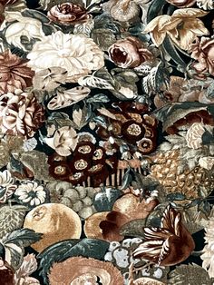 a bunch of flowers that are on top of a wallpaper covered in brown and pink colors