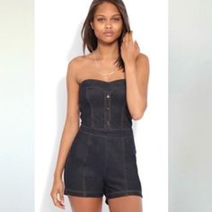 Strapless High Waisted Knit Denim Romper This Romper Is Extremely Soft And Stretchy. It Is A Pull On Design With Mid Back Zipper Closure. The Buttons On The Front Are Mot Function And Is For Design Purposes. Casual Strapless Denim Blue Jumpsuit, Chic Strapless Denim Jumpsuits And Rompers, Casual Strapless Denim Jumpsuit, Strapless Fitted Denim Jumpsuits, Strapless Fitted Denim Jumpsuits And Rompers, Fitted Denim Strapless Jumpsuits And Rompers, Fitted High Waist Denim Jumpsuit For Night Out, Fitted High Rise Jumpsuits And Rompers For Night Out, Fitted High Rise Jumpsuits For Night Out