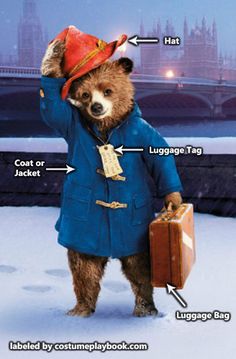 a brown bear wearing a red hat and blue coat with luggage labeled on it's chest