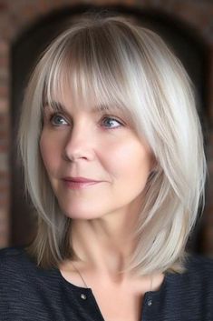 Top 20 Hairstyles with Bangs for Women Over 50: Ageless Chic Shoulder Length Hair Bangs Layers, Bangs For Women Over 50, Mid Length Hair With Bangs, Medium Length Hair With Bangs, Haircuts For Medium Length Hair, Fine Straight Hair, Bangs For Women, Long Hair With Bangs