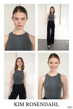 four different pictures of a woman in grey top and black pants with her hands on her hips