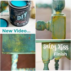 four different pictures with the words new video salty kiss finish on them and an old green painted table