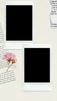 two white polaroid frames with pink flowers on them next to an old book page