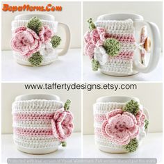 crocheted coffee mug cozys with flowers and leaves