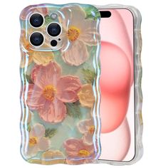 an iphone case with pink flowers on the front and back sides, in clear plastic