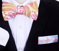 Light Yellow, Pink and Orange Self Tie Bow Tie Ladies and gentlemen, prepare to be blown away by the most luxurious and stunning bow tie you've ever seen - the light yellow, pink, and orange luxury abstract silk bow tie! This bow tie is the epitome of high fashion, crafted from the finest quality silk and featuring a bold and beautiful abstract design. The light yellow, pink, and orange hues blend together effortlessly, creating a mesmerizing pattern that's both eye-catching and sophisticated. W Yellow Fitted Bow Tie For Formal Occasions, Formal Yellow Bow Tie, Formal Yellow Fitted Bow Tie, Formal Fitted Yellow Bow Tie, Elegant Multicolor Suit And Tie Accessories For Wedding, Elegant Multicolor Wedding Suit And Tie Accessories, Elegant Multicolor Ties For Wedding, Elegant Multicolor Bow Tie, Elegant Multicolor Wedding Ties