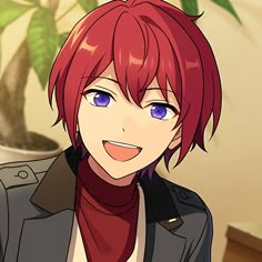 an anime character with red hair and blue eyes wearing a black jacket, scarf and turtle neck sweater