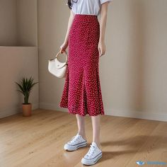 Orcajump - Vintage Polka Dot Midi Skirt - High-Waisted, Figure-Hugging with Ruffled Hem and Mermaid Tail Design Polka Dot Midi Skirt, Mermaid Tail, Type A, Midi Skirt, Polka Dot, Polka Dots, Mermaid, High Waisted, Skirt