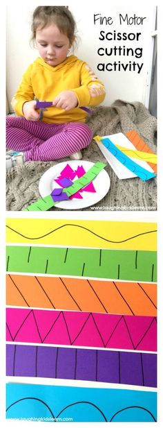 a collage of different pictures with the words fine motor cutting activity on it and an image of a child using scissors to cut strips