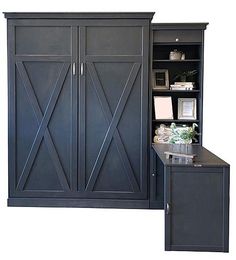 an armoire with two doors and a desk in front of it, against a white background