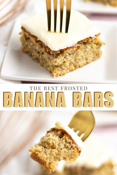 the best frosted banana bars are on white plates