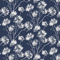 a blue background with white flowers on it