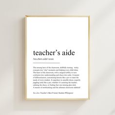 a book page with the words teacher's aid written in black and white on it