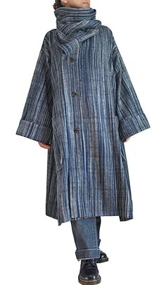 ChomThong Hand Woven Cotton With Thick Yarns Loose Fit Wrap Neck Coat (JFS-175-03) Weaving Fashion, Hakama Pants, Indigo Dyed Fabric, Indigo Dyeing, Textured Coat, Cotton Long Dress, Thick Yarn, Womens Jackets, Hand Knitted Sweaters