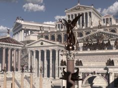 a statue in front of a large building with statues on it's sides and columns