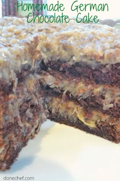 homemade german chocolate cake cut in half