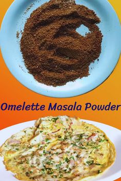 three different types of food on plates with the words omelette masala powder