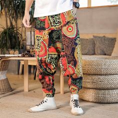 Men's Summer Pants Baggy Beach Pants Harem Pants Boho Pants Elastic Waist Print Comfort Breathable Casual Daily Beach Chinese Style Hippie Dark Blue / Red Yellow Micro-elastic Casual Harem Sweatpants For Summer, Casual Summer Harem Sweatpants, Casual Multicolor Pants With Elastic Waistband, Casual Harem Bottoms With Elastic Waistband, Casual Harem Bottoms For Vacation, Casual Harem Bottoms For Beach, Casual Ankle-length Harem Pants For Beach, Casual Multicolor Wide-leg Harem Pants, Casual Relaxed-fit Harem Pants