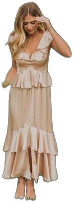 a woman in a beige dress is holding her head