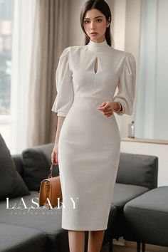 Lasaky - Elegant Lantern Sleeve Long Dress with V-Neck and Pleated Skirt - Flattering Slim-Fit Design Fitted Pencil Dress, Fashion Stand, Makijaż Smokey Eye, Bodycon Dress With Sleeves, Dresses Elegant, Vestido Casual, Pencil Dress, Classy Dress, Flowing Maxi Dress