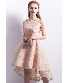 Buy champagne high low applique lace homecoming party dress sleeveless at wholesale price online. Free shipping and pro custom service since 2009. Sleeveless High Low Prom Dress, Sleeveless High Low Dress For Prom Season, Sleeveless Lace Prom Dress, Beige Sleeveless Lace Dress For Evening, Sleeveless Lace Dress For Prom Party, Sleeveless Lace Patchwork Homecoming Dress, Sleeveless Lace Dress For Homecoming, Sleeveless Lace Dress For Homecoming And Prom, Sleeveless Lace Dress For Prom