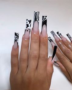 W.a.y.s Nails, Cute Black Tip Nails, White And Black Tip Nails, Black And White Freestyle Nails, Long Nail Designs French Tips, White And Black Acrylic Nail Designs, French Freestyle Nails, Black And White Glam Nails, Winter Freestyle Nails