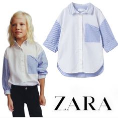 Zara Kids Mixed Lapel Collar Poplin Shirt With Long Sleeves Front Button Closure Matching Patch Pocket Size 9 Years Blue / White New With Tag Smoke And Pet Free Home Cute Blue Button-up Shirt, Zara Cotton Shirt With Pockets, Trendy Zara Cotton Shirt, School Tops With Pockets For Spring, Spring School Tops With Pockets, Spring Button-up Shirt For School, Tops With Pockets For School In Spring, Long Sleeve Summer Shirt For School, Long Sleeve Summer School Shirt