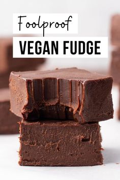 easy vegan fudge brownies stacked on top of each other with text overlay