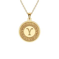 Celebrate your Greek heritage with our Greek Key Disc Necklace featuring a Greek Initial. Meticulously crafted in solid gold or sterling silver, this pendant beautifully marries cultural pride with personalized elegance. The Greek key motif, representing infinity and unity, surrounds your chosen Greek initial, creating a powerful statement of heritage and identity. Wear it with pride or gift it to a fellow Greek; it's a unique expression of cultural identity and individuality, beautifully crafte Symbolic Gold Initial Pendant Jewelry, Symbolic Initial Pendant Jewelry For Anniversary, Symbolic Yellow Gold Medallion Jewelry, Gold Symbolic Jewelry With Initials, Symbolic 14k Gold Jewelry With Initials, Symbolic 14k Gold Initials Jewelry, Luxury 14k Gold Medallion Necklace As Gift, Symbolic Engraved Yellow Gold Medallion Necklace, Symbolic Hallmarked Medallion Jewelry