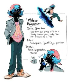 a drawing of a person with blue hair and goggles standing in front of a skateboard