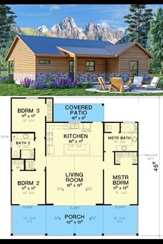 the floor plan for a small log cabin with an open living area and covered porch