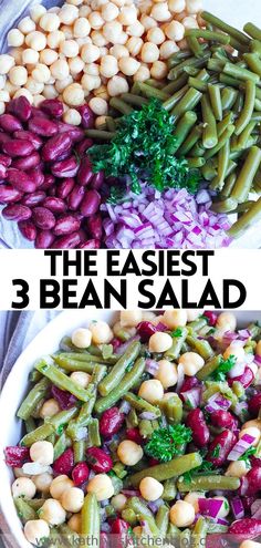 three bean salads with beans and broccoli in the middle, on top of each other