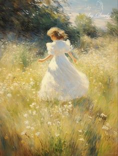 a painting of a girl in a white dress walking through a field with wildflowers