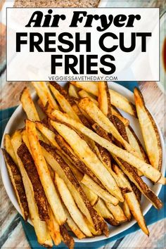 air fryer fresh cut fries on a plate with ketchup in the background