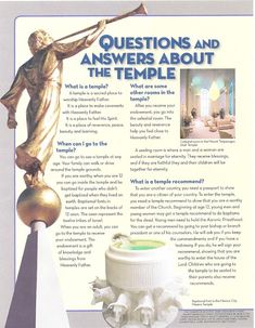 an advertisement for the temple with a statue on top and text below it that reads questions and answers about the temple