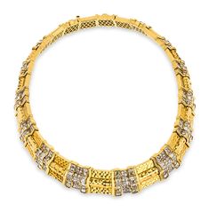 Bands of hammered 18K yellow gold are interspersed with approximately 12.40 carats of glittering baguette diamonds in this Italian necklace. A celebration of texture, this collar necklace creates a striking visual effect on the neck. 15 1/2" length Luxury Yellow Gold Necklace With Stone Setting, Luxury Yellow Gold Art Deco Necklace, Luxury Yellow Gold Necklaces For Festivals, Luxury Yellow Gold Diamond Necklace With Diamond Eyes, Luxury Yellow Gold Jewelry For Vintage Events, Luxury Gold Long Diamond Necklace, Luxury Yellow Gold Necklaces With Diamond Accents, Luxury Multi-strand Yellow Gold Necklace, Luxury Yellow Gold Diamond-cut Station Necklace