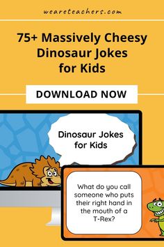 an image of a computer screen with the text, 75 + massive cheesy dinosaur jokes